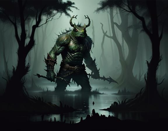 Bullywug in Murky Swamp: Cinematic Oil Painting