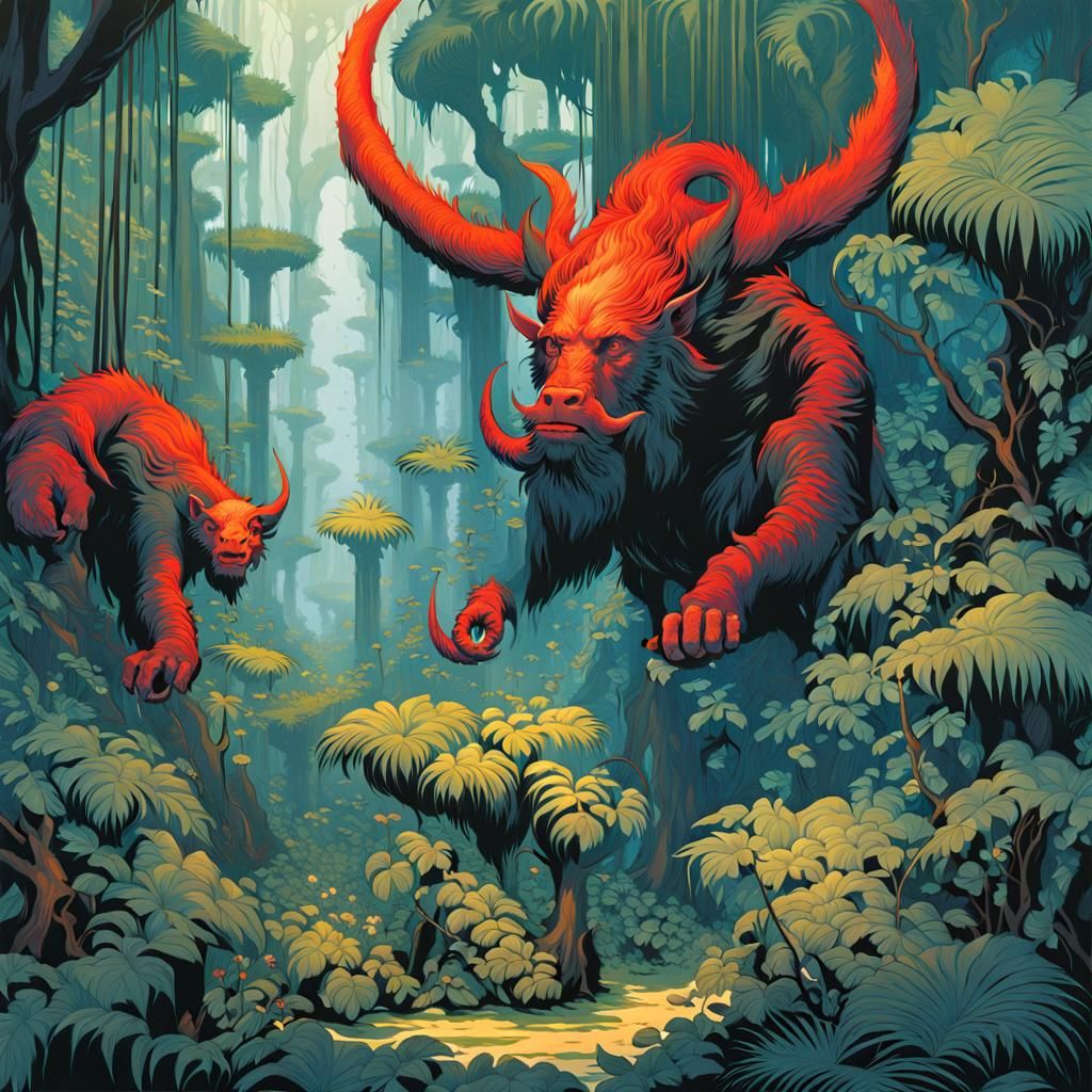 Jungle Scene with Fantasy Creatures