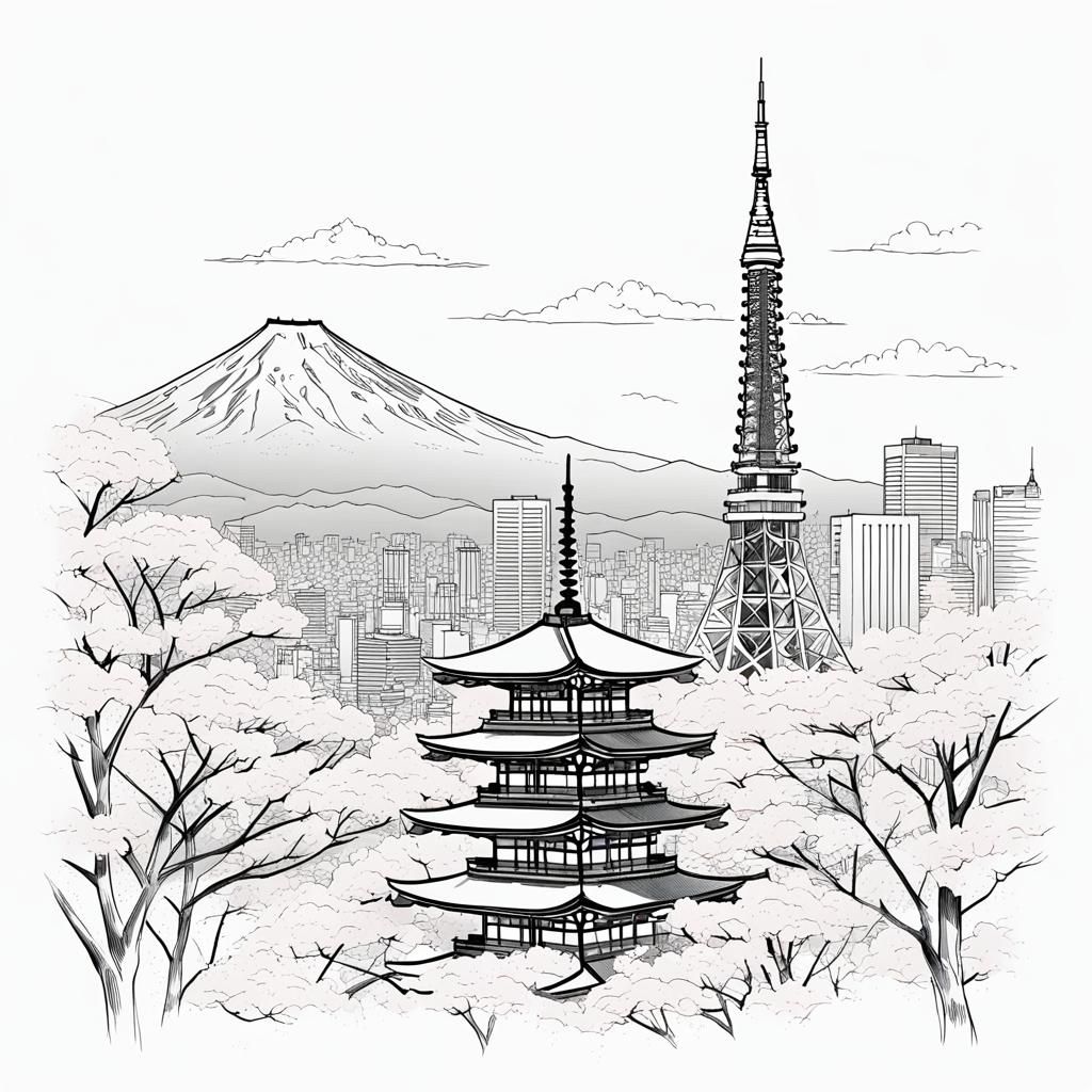 Tokyo Tower Under Cherry Blossoms with Mount Fuji in the Dis...