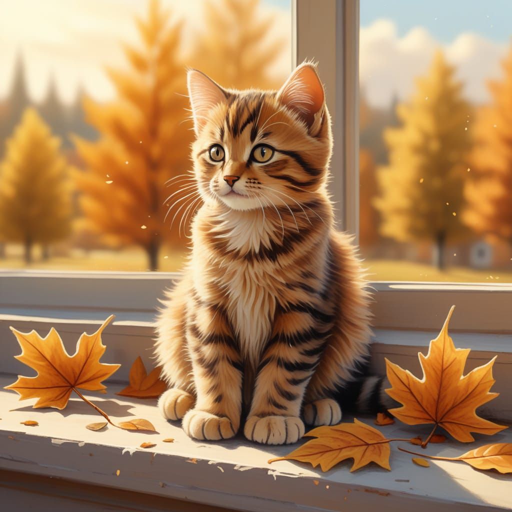 Tabby Kitten on Autumn Windowsill in Watercolor