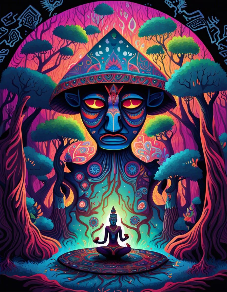 Colorful Theyyam Ritual in Barren Forest, Graffiti Art