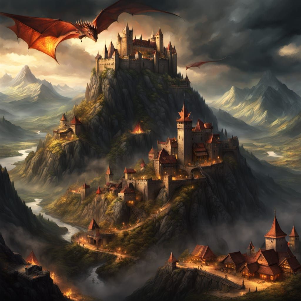 Smaug Attacks Dale Town in Epic Fantasy Digital Painting