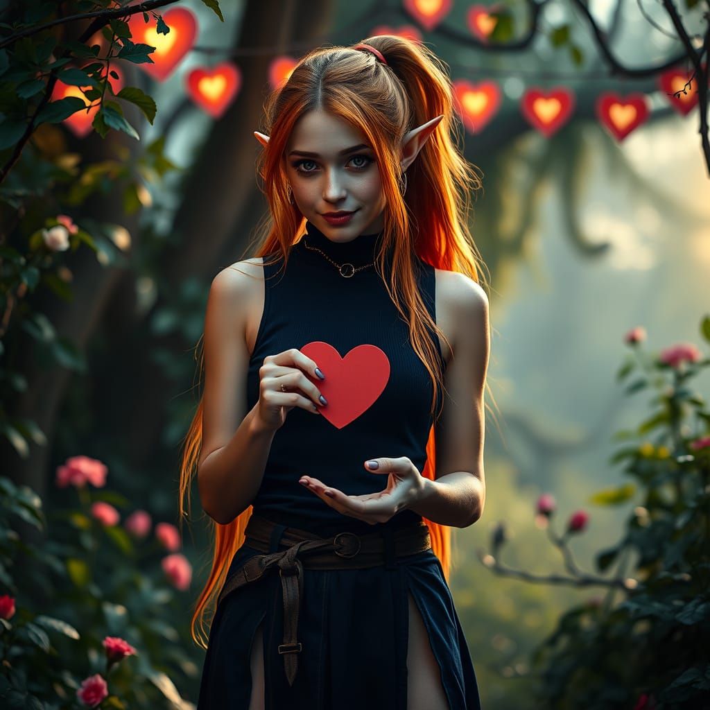 Ethereal Elf Maiden in Whimsical Valentine's Setting