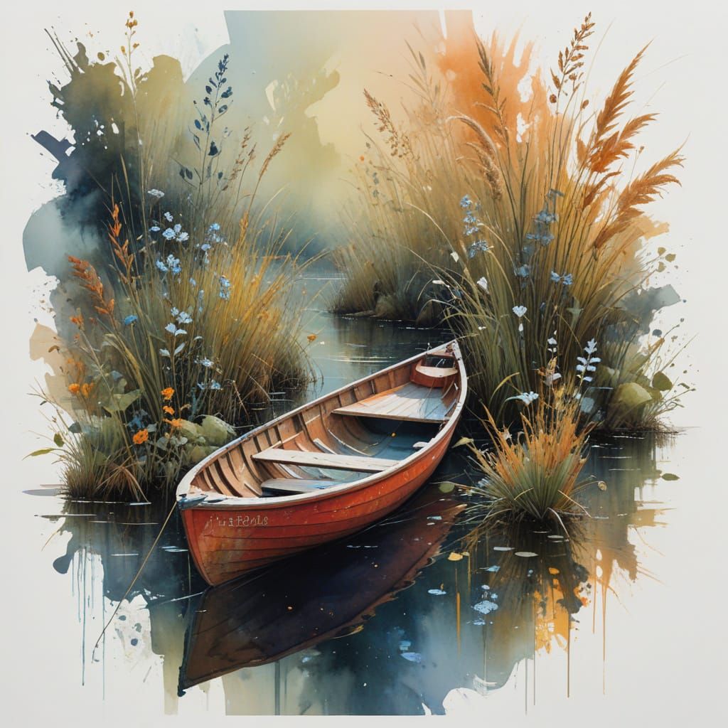 Ethereal Morning Scene with a Red Rowboat on a Serene Waterw...
