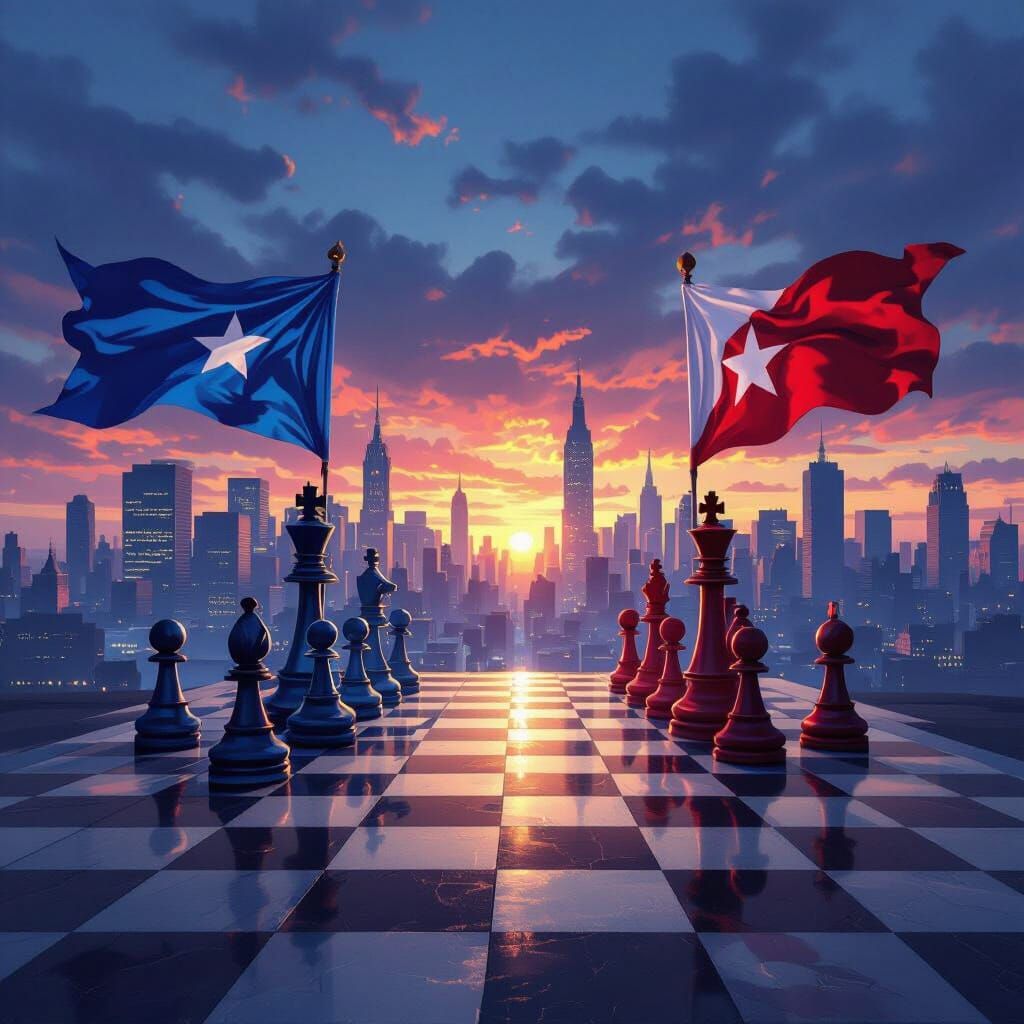 Chessboard Ideologies Clash Under Western City Skyline