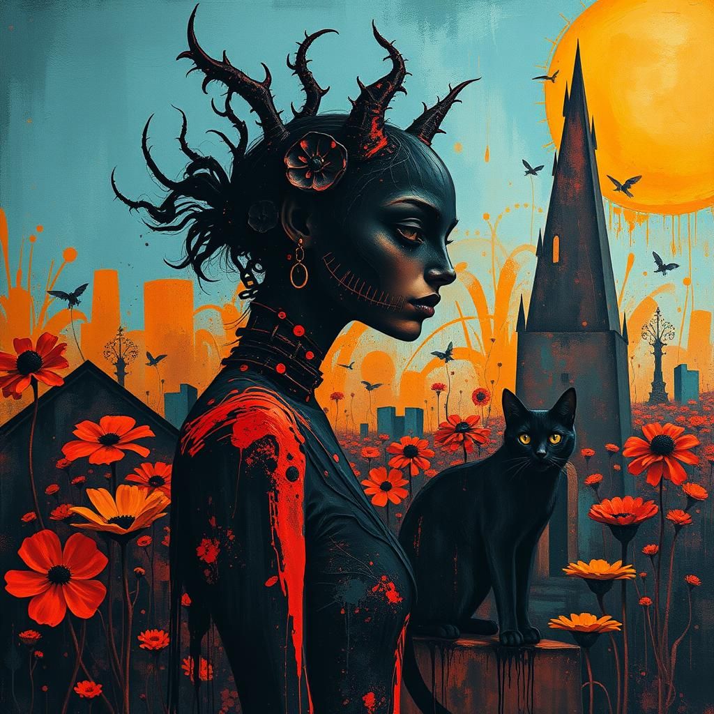 Jezebel and Black Cat in Surreal Garden
