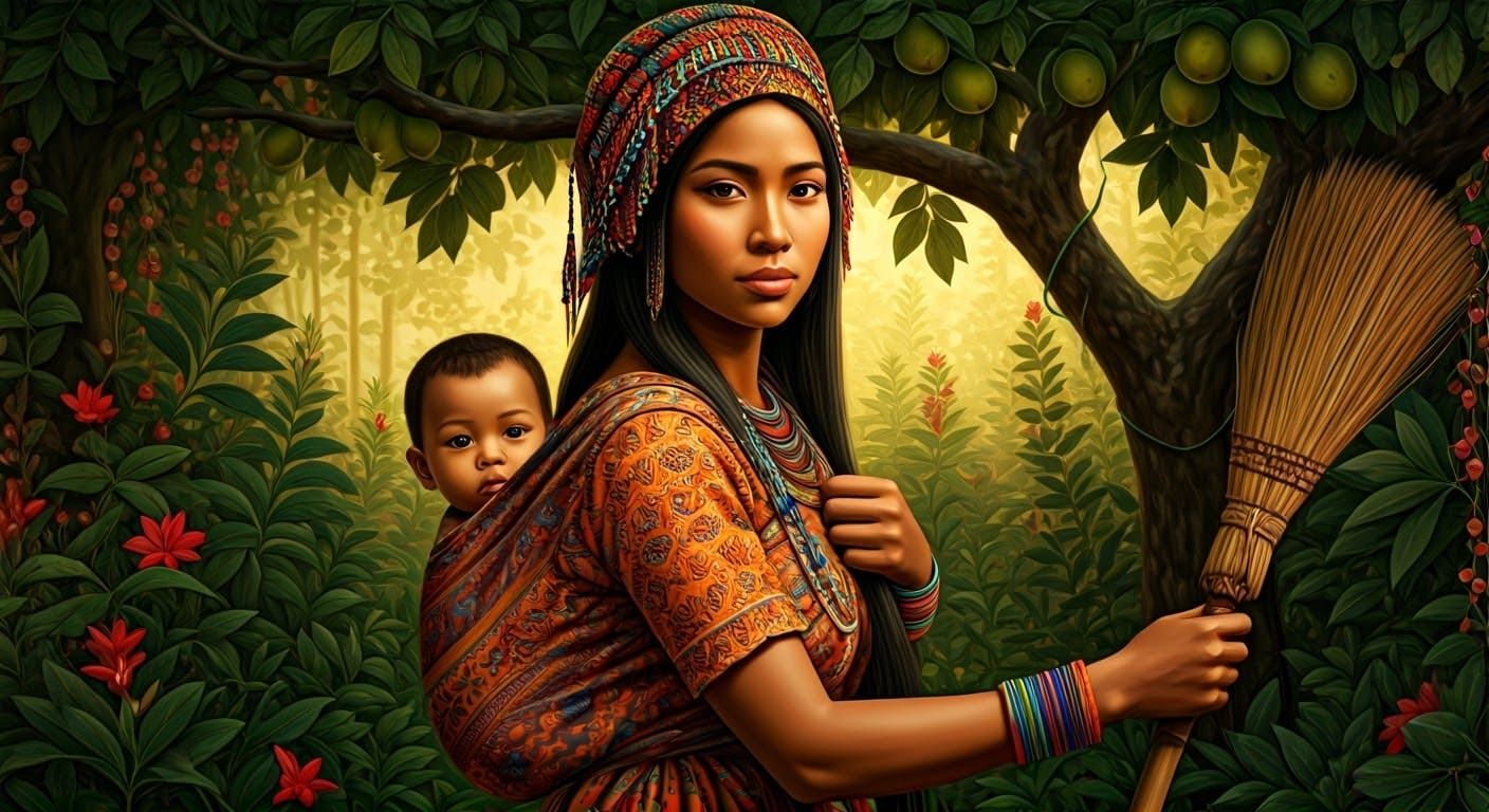 Serenely Standing Mother in Tropical Paradise