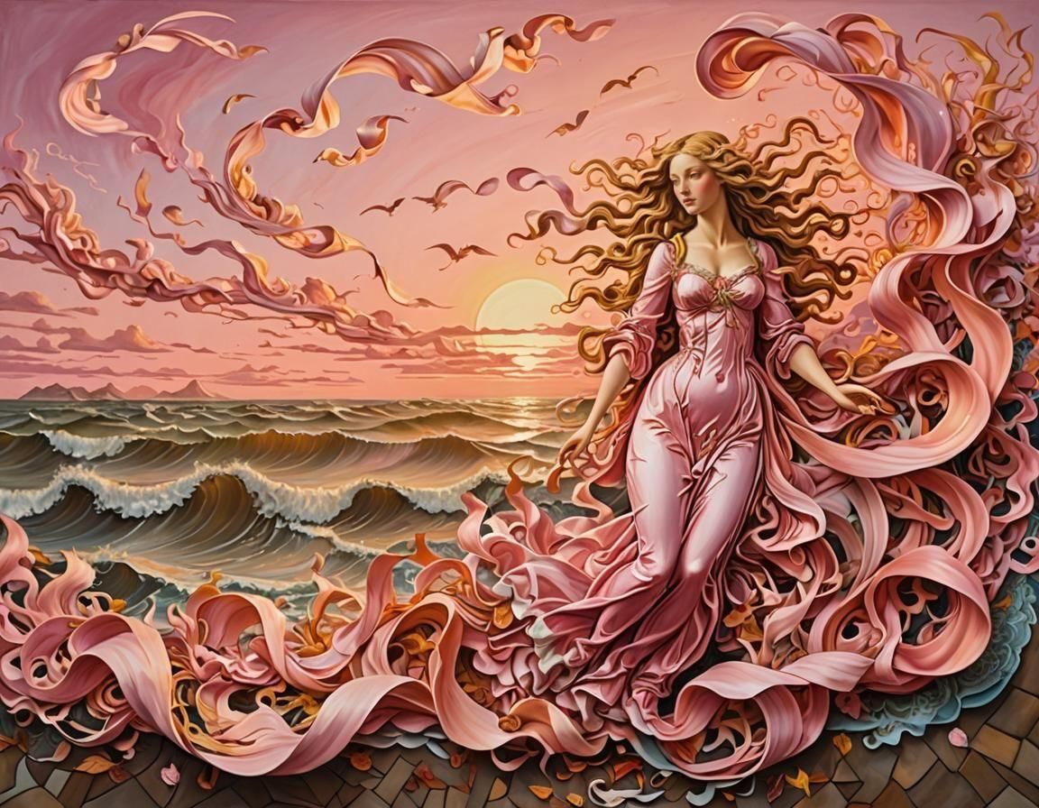 Dadaist Pink Sunset Oil Painting in Botticelli Style