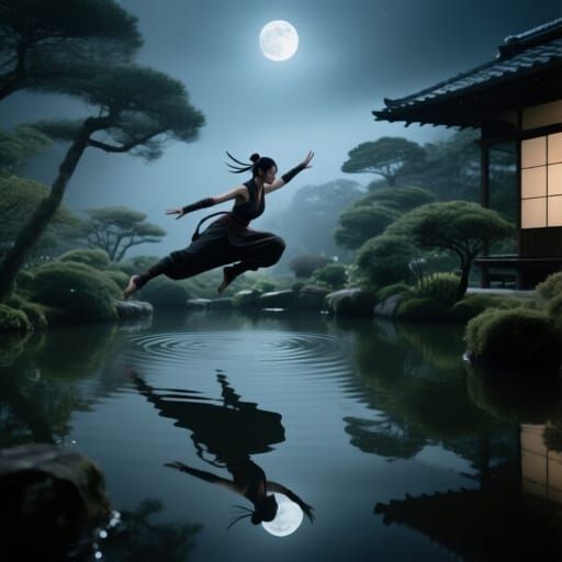 Kunoichi's Moonlit Garden Acrobatics in Cinematic Style