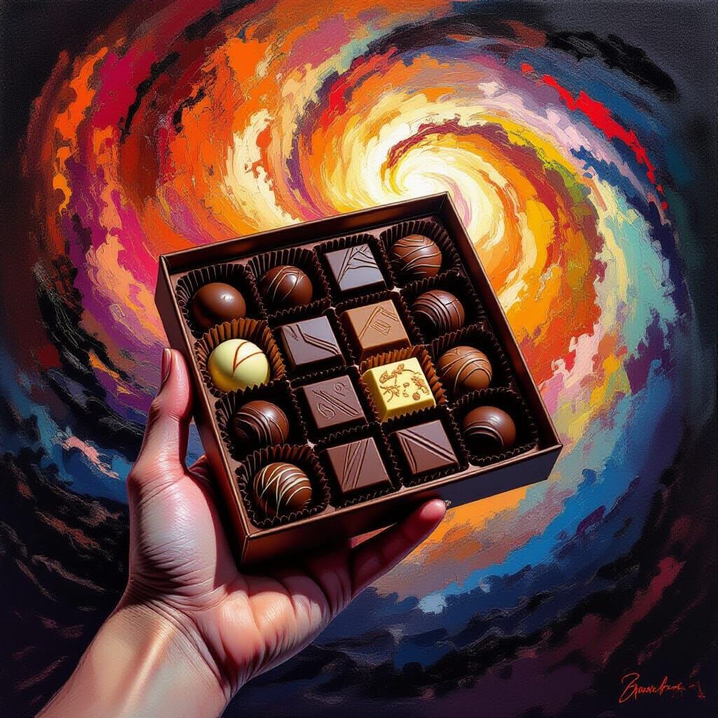 Hand Offers Chocolates Amidst Chaotic Colorful Vortex