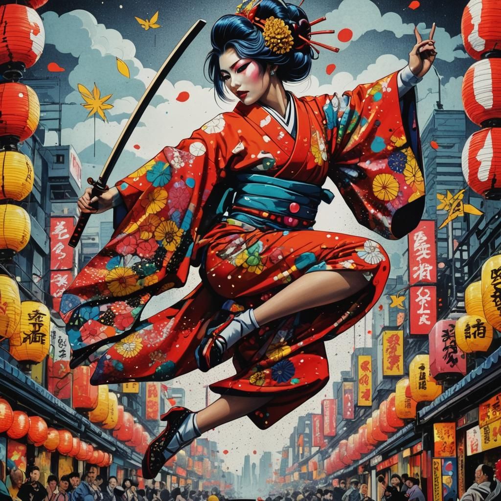 Geisha Punk Portrait in Pop Art Style