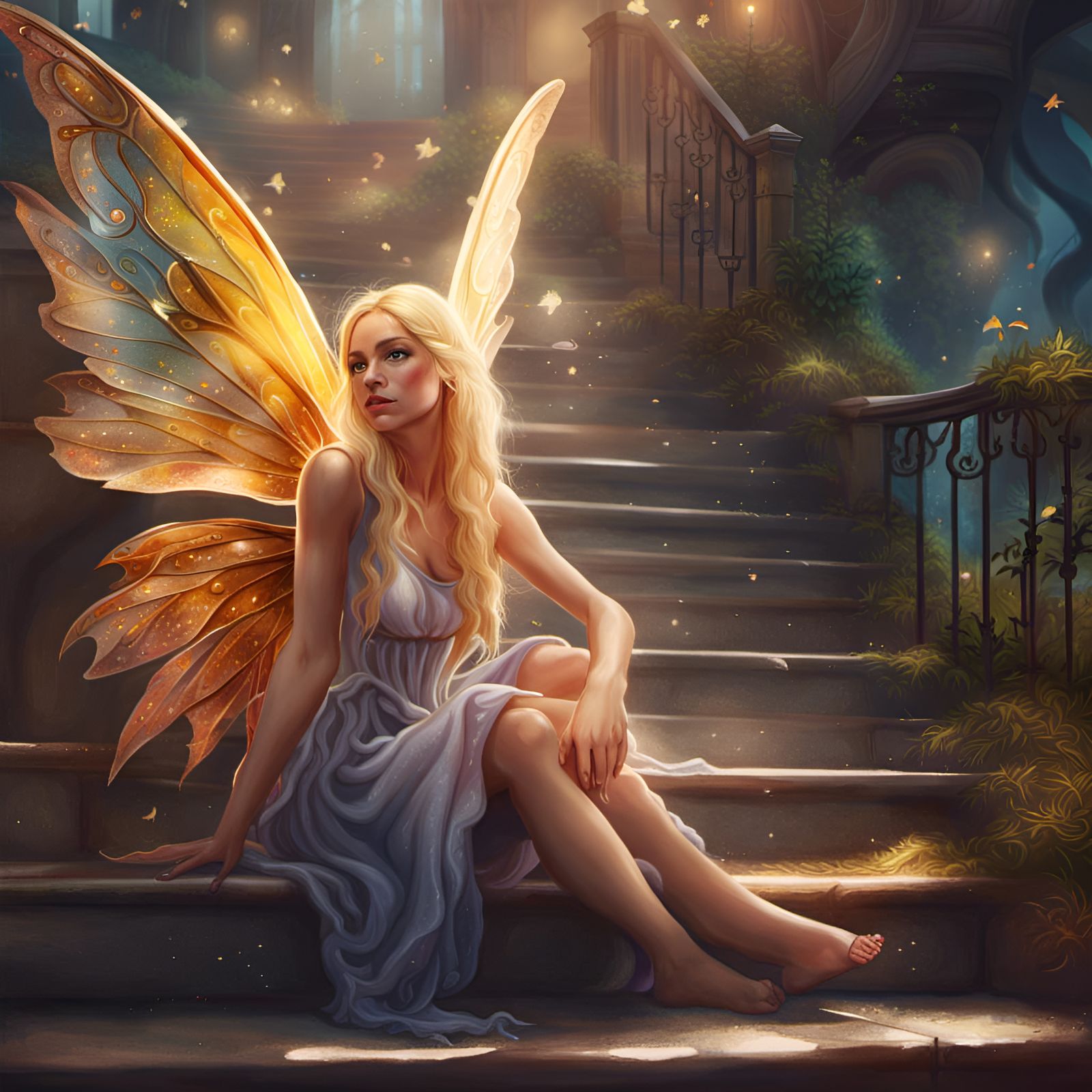 Hyperrealistic Fairy on Stairs with Dramatic Lighting