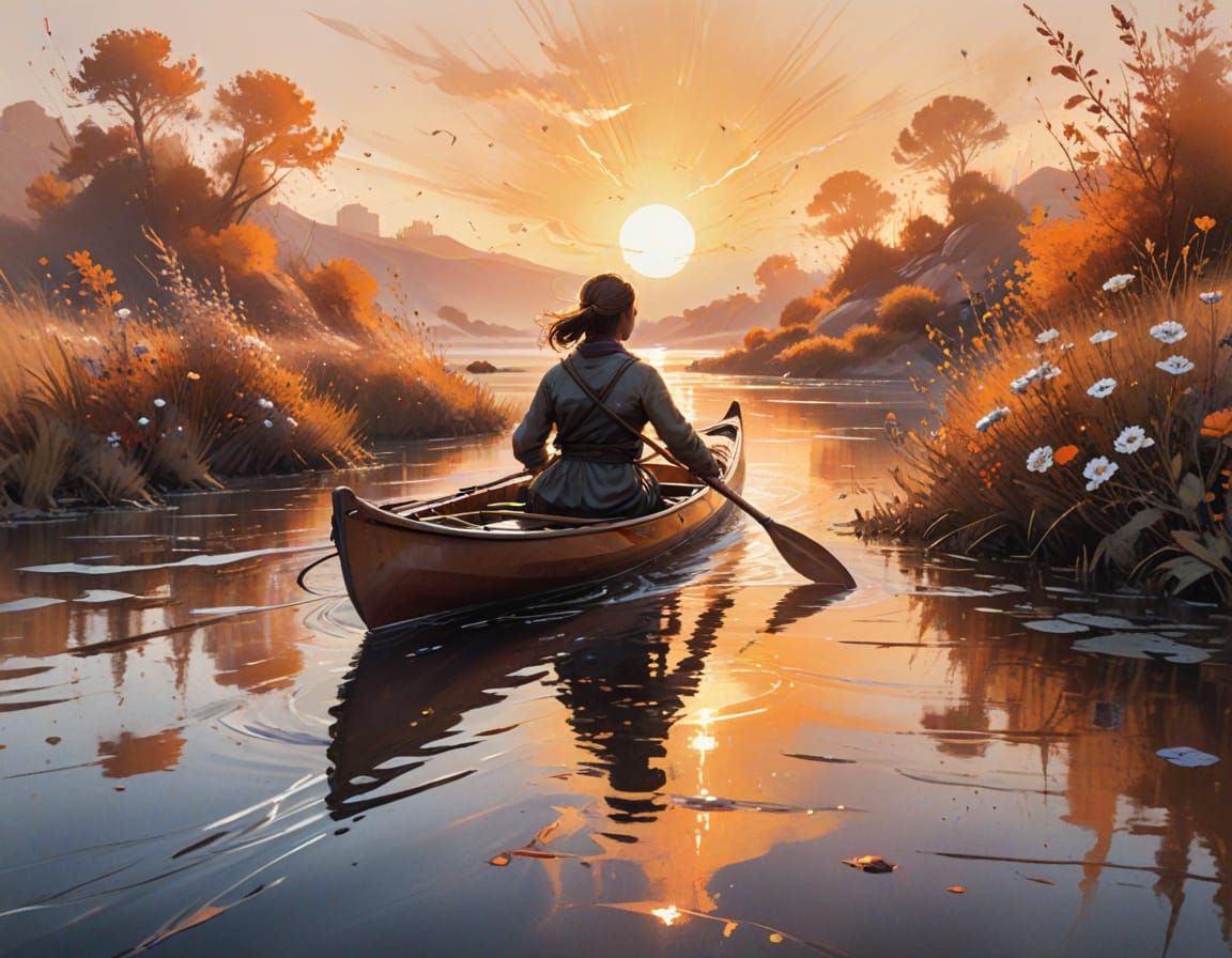 Kayaker Gliding on Amber River as Watercolor Painting