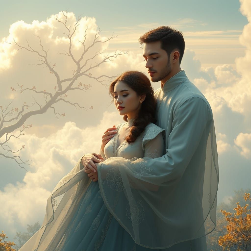 Ethereal Couple Embracing in a Dreamlike Atmosphere