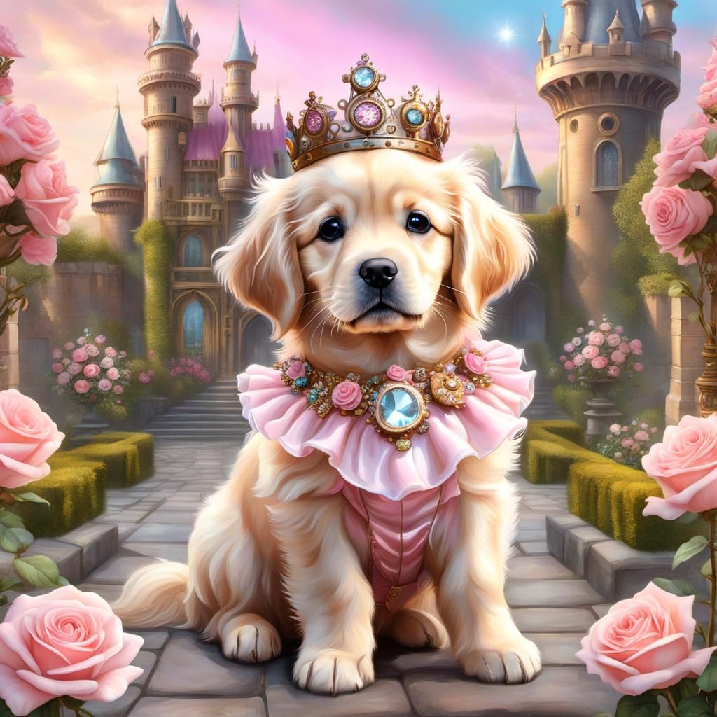 Steampunk Golden Retriever Puppy Princess in Candy Kingdom