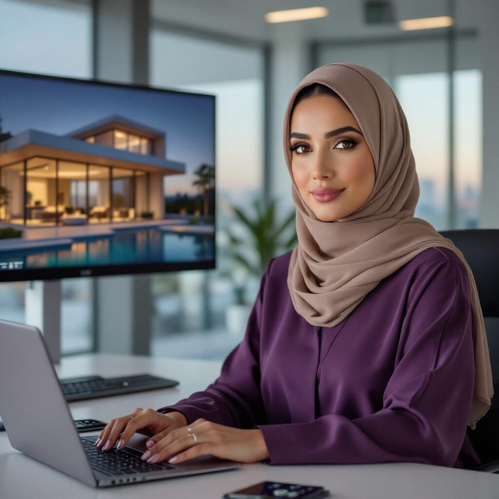 Elegant Woman in Futuristic Office, Digital Art