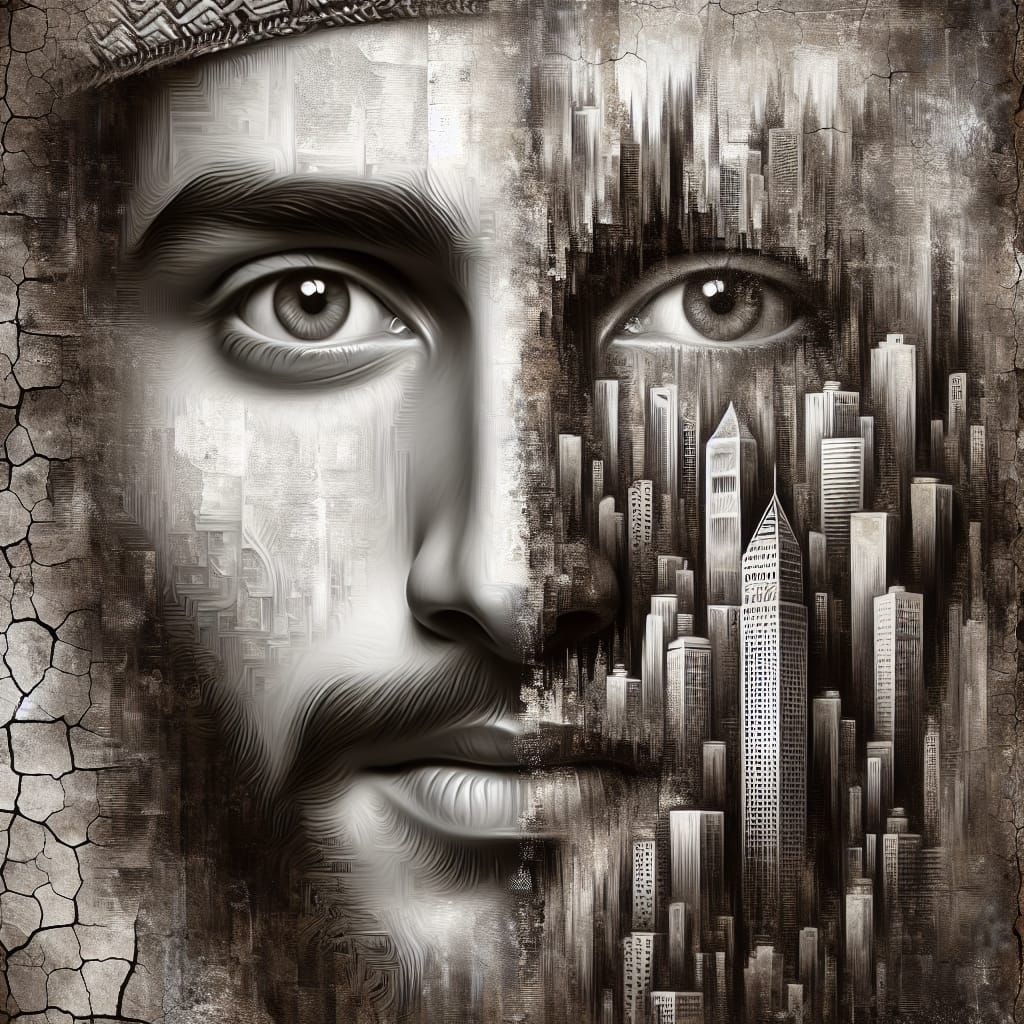 Split Face Portrait: Man and Cityscape in Digital Art