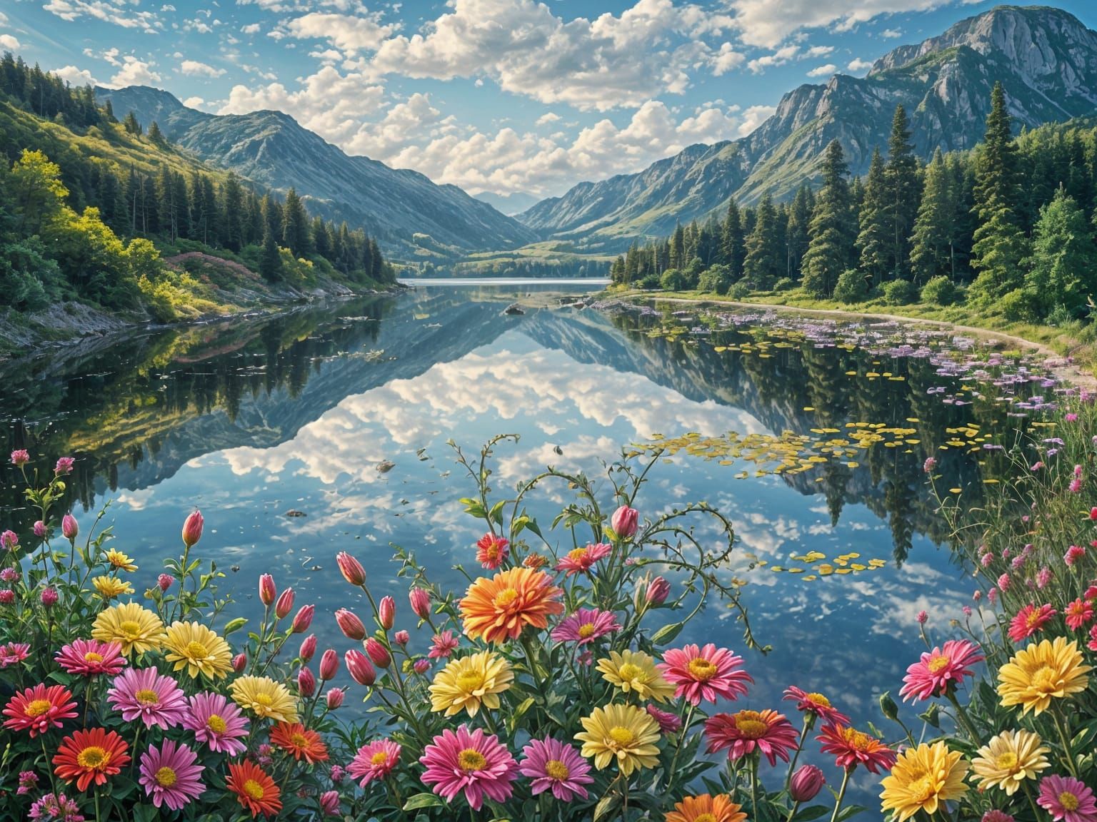 Blooming Paradise by a Serene Lake in Vibrant Colors