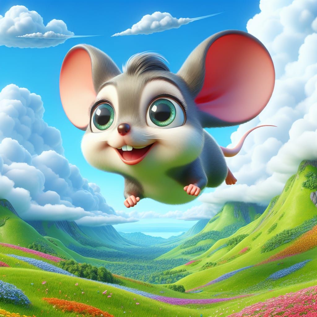 A Disney Pixar style 3D adorable flying mouse, soaring over a beautiful landscape. The mouse has big, expressive eyes, l...