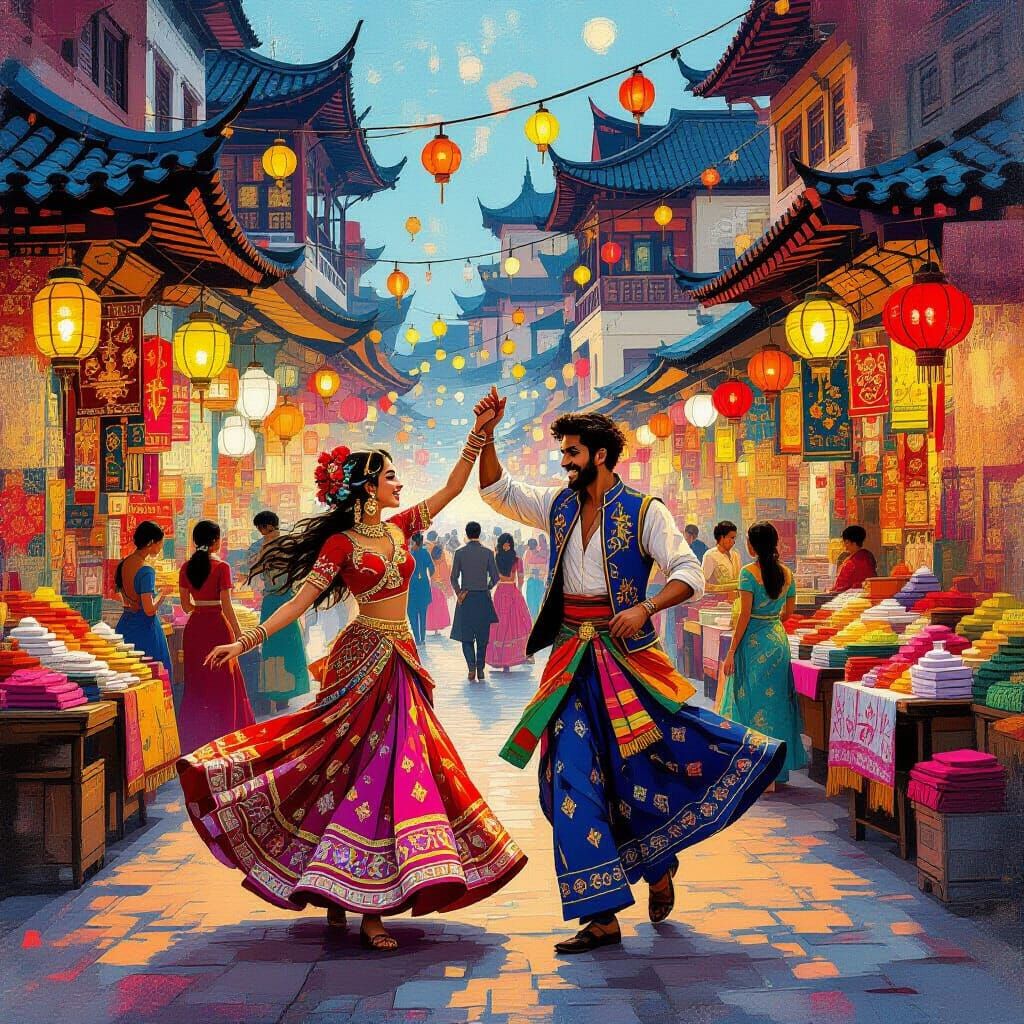 Joyful Couple Dancing in a Vibrant Cultural Festival Market