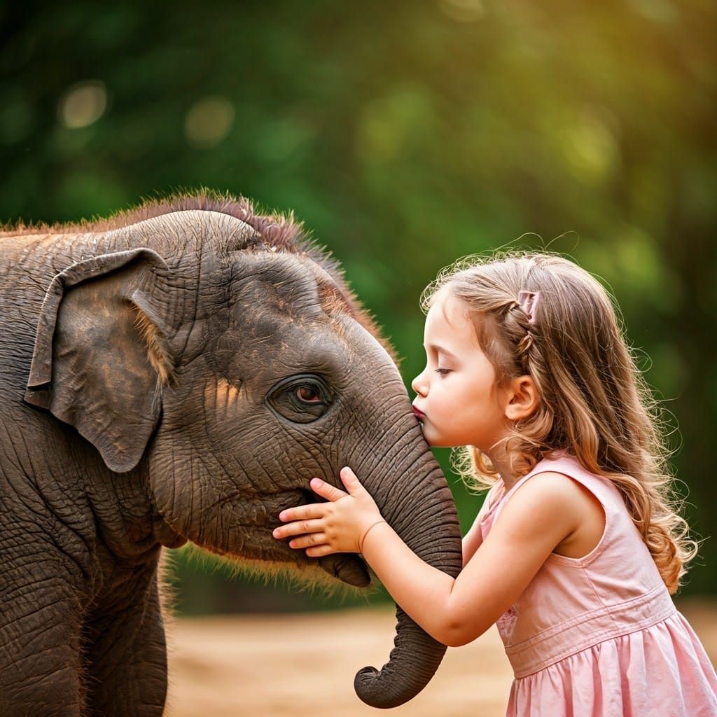Girl's Tender Moment with Baby Elephant