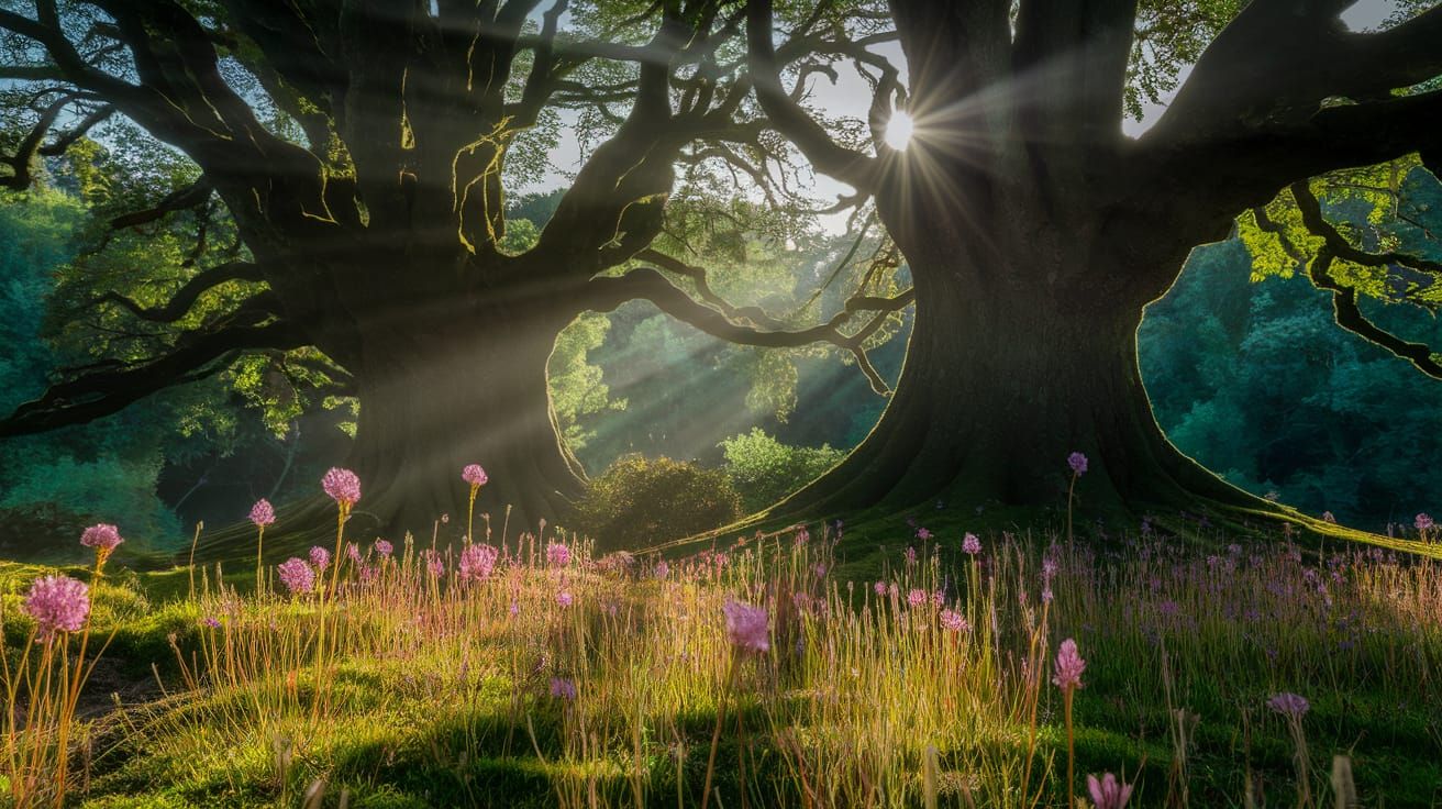 Dappled Forest Canopy Illuminated by Warm Sunlight