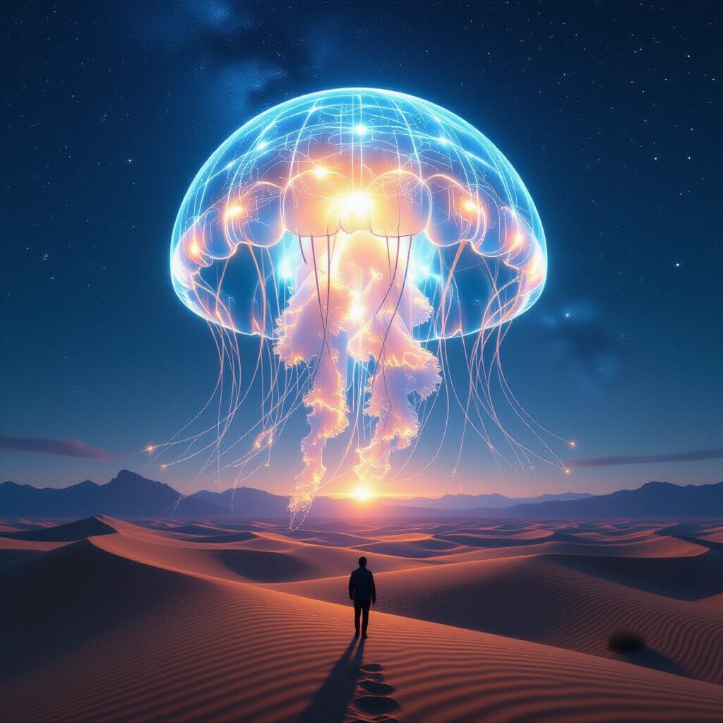 Colossal Bioluminescent Jellyfish Drifts Over Desert