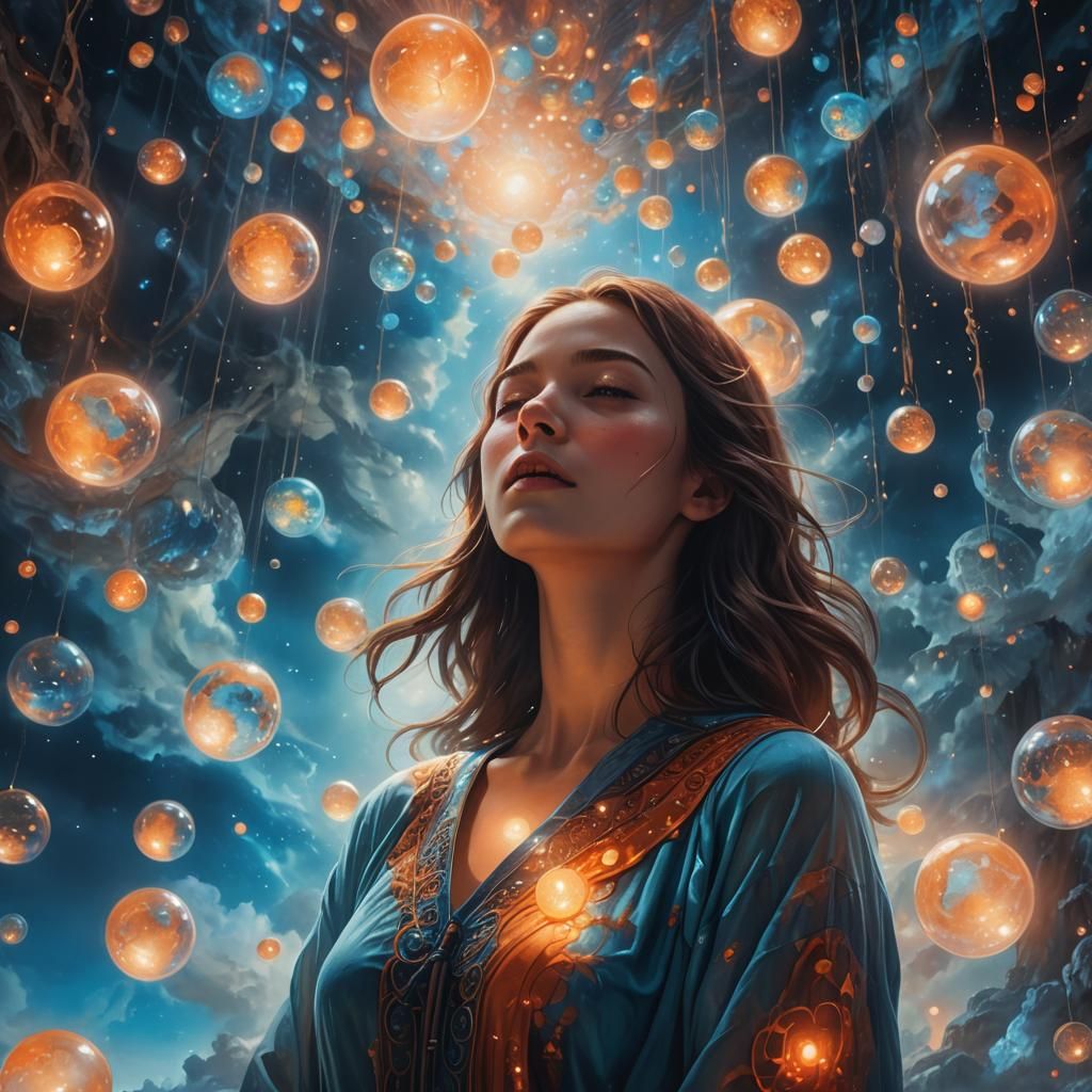 Surreal Dreamscape: Woman Surrounded by Ethereal Orbs