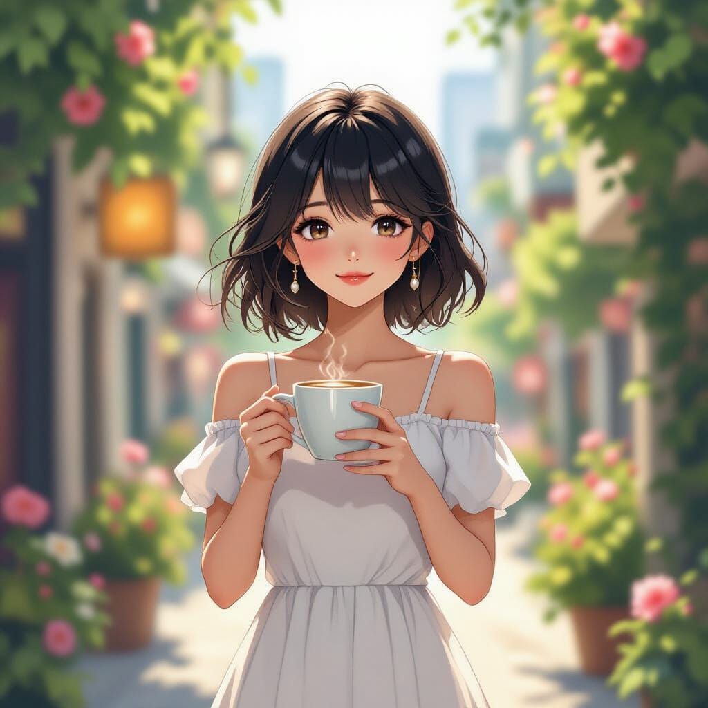 Mystical Anime Girl Holding Coffee in Floral City