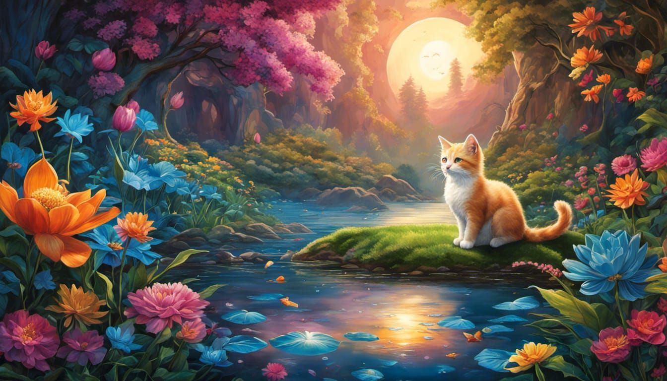 Adorable kitten reflecting in a moonlit pond beside a flower garden-3110....... God Is Available. He Loves You...Do You ...