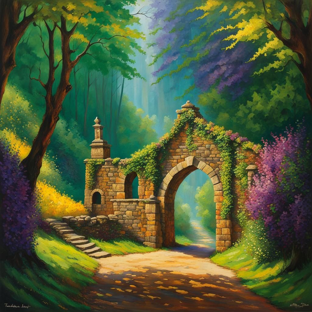 Weathered Stone Archway in Mountain, Impressionistic Style