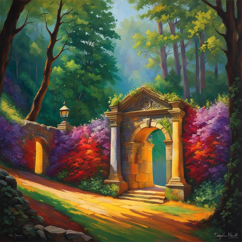 Weathered Stone Archway in Mountain, Impressionism Style