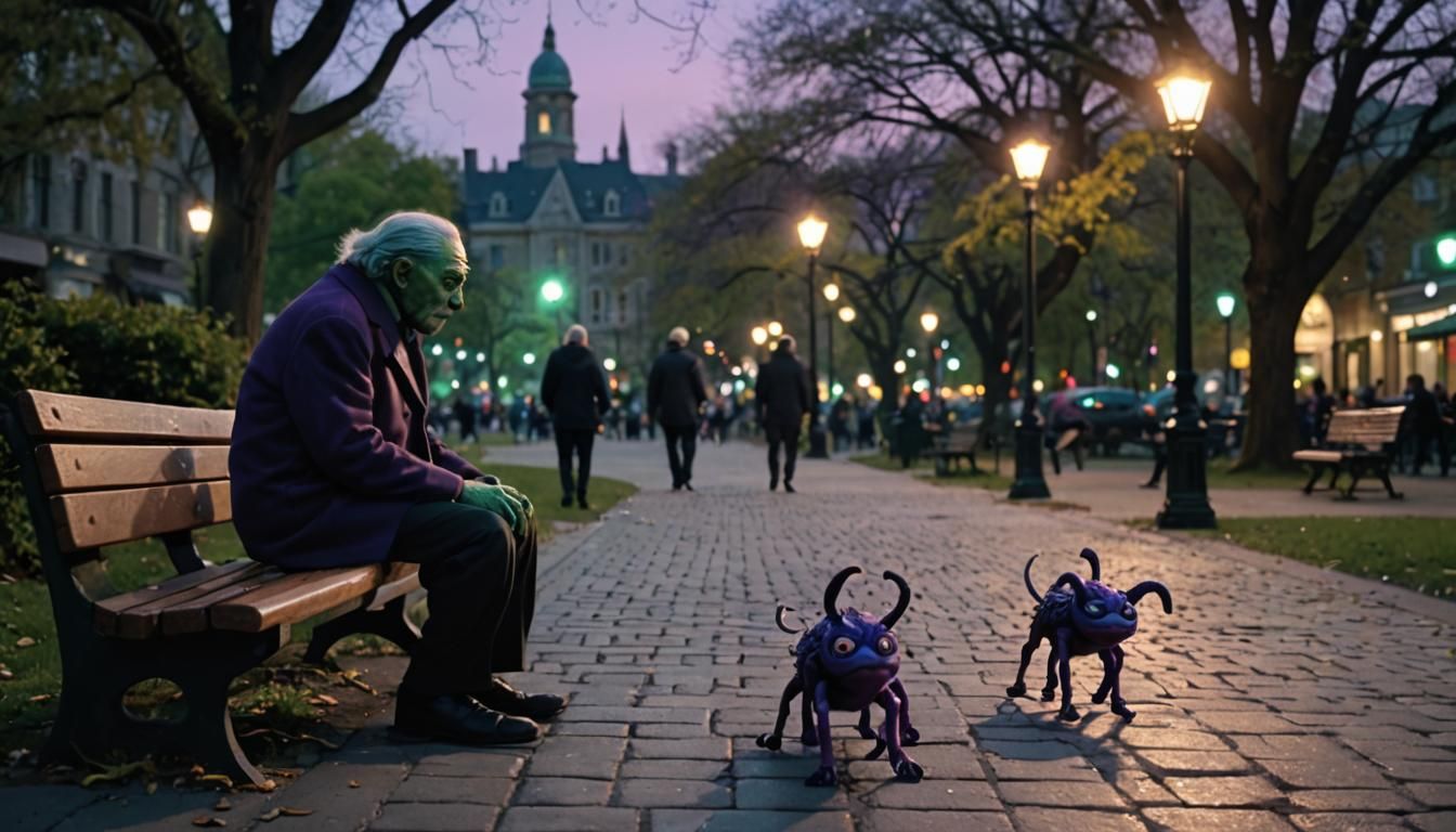 Hyperrealistic Alien Chase in Twilight Cityscape