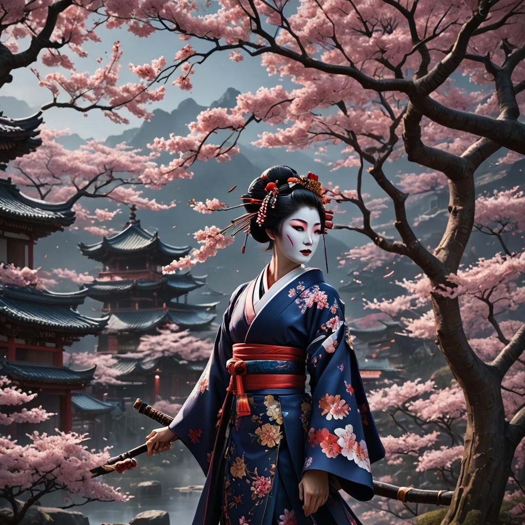 Geisha in Sakura Garden: Detailed Matte Painting