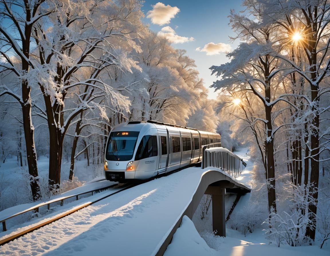 Monorail Glides Through Golden Winter Wonderland
