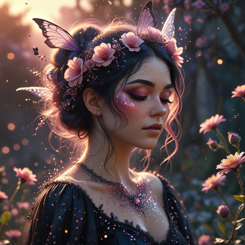 Gothic Fairy Scattering Dust Over Flowers in Sunset Light