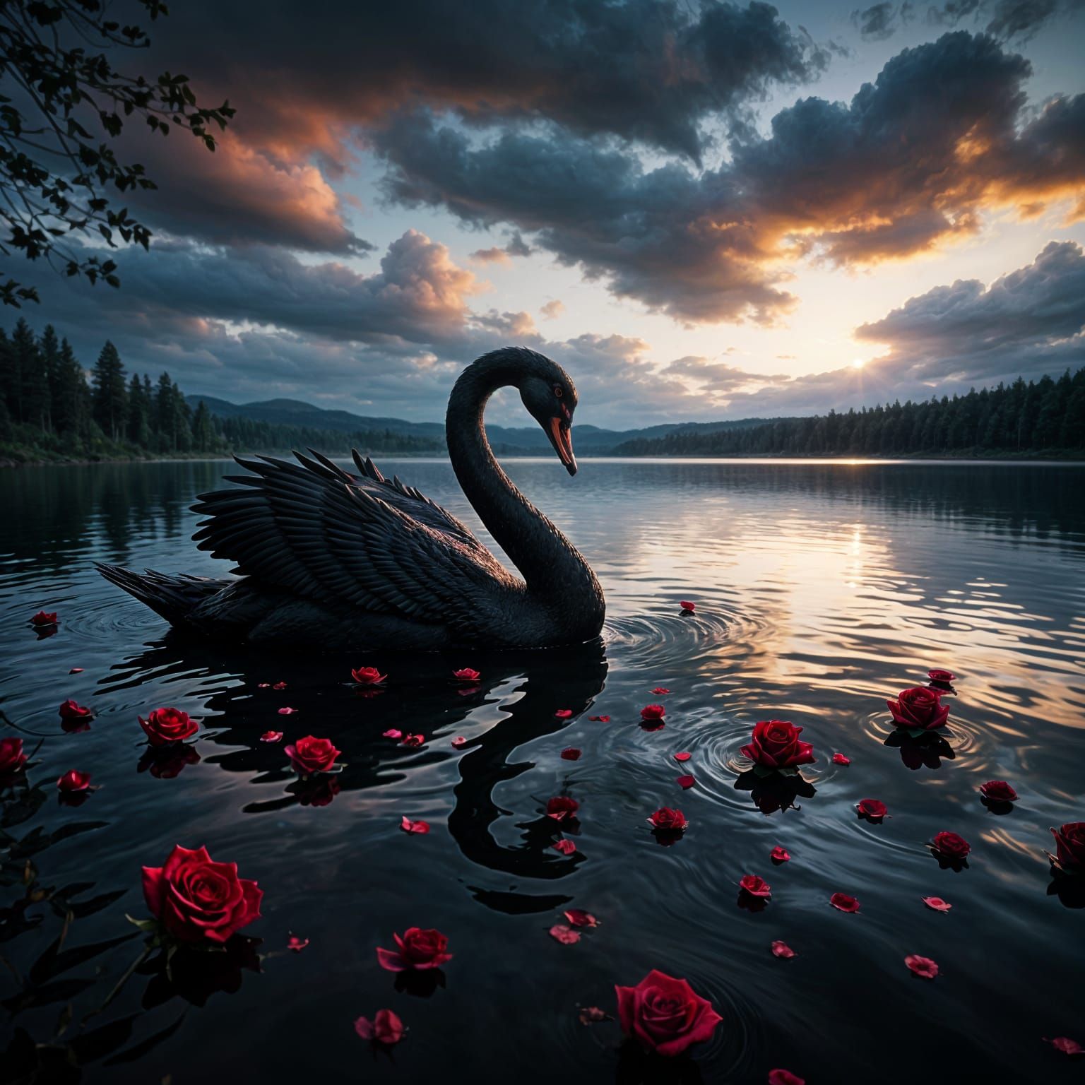 Black and Red Swan on Twilight Lake with Roses