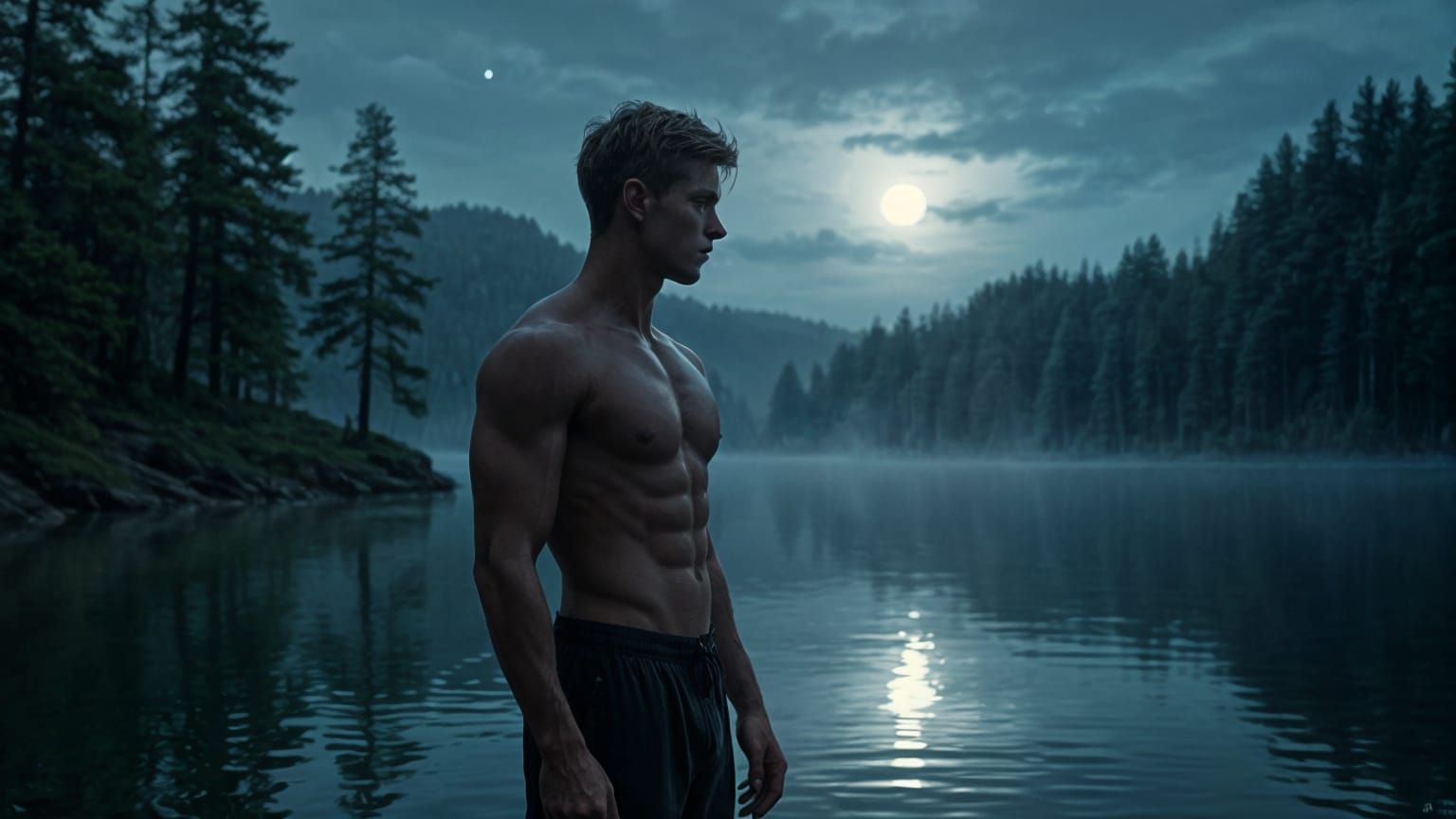 Sculpted Figure Under Moonlit Night Sky