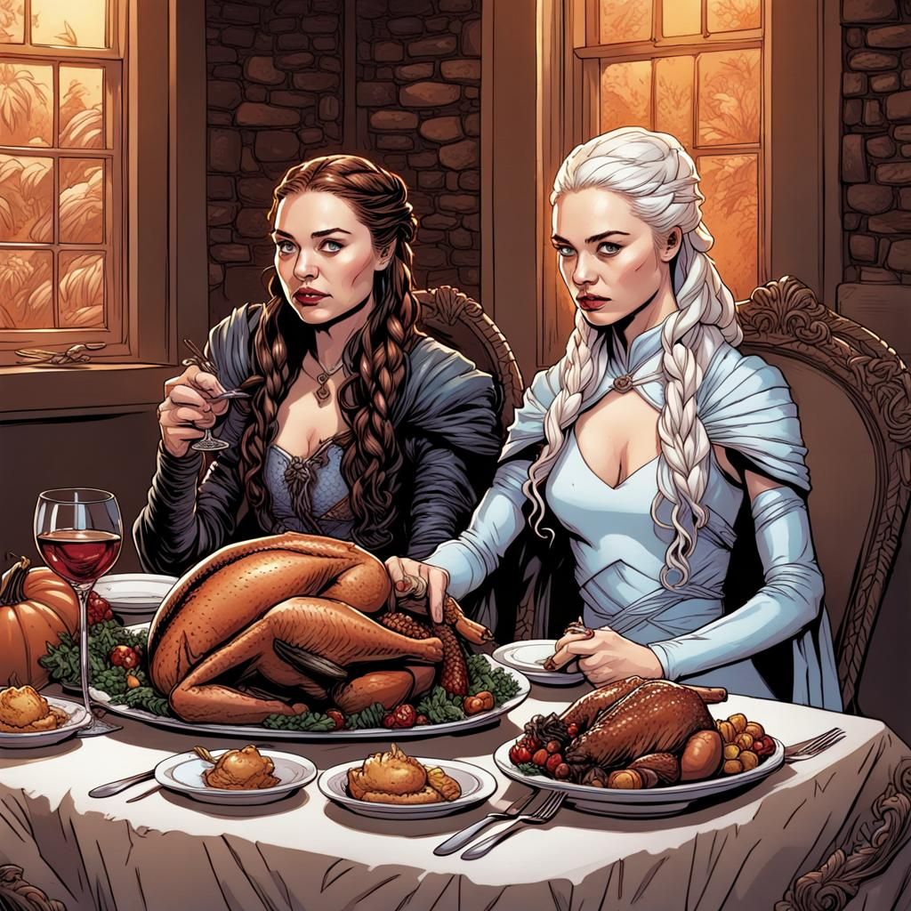 Daenerys and Sansa Thanksgiving Dinner: Comic Book Art
