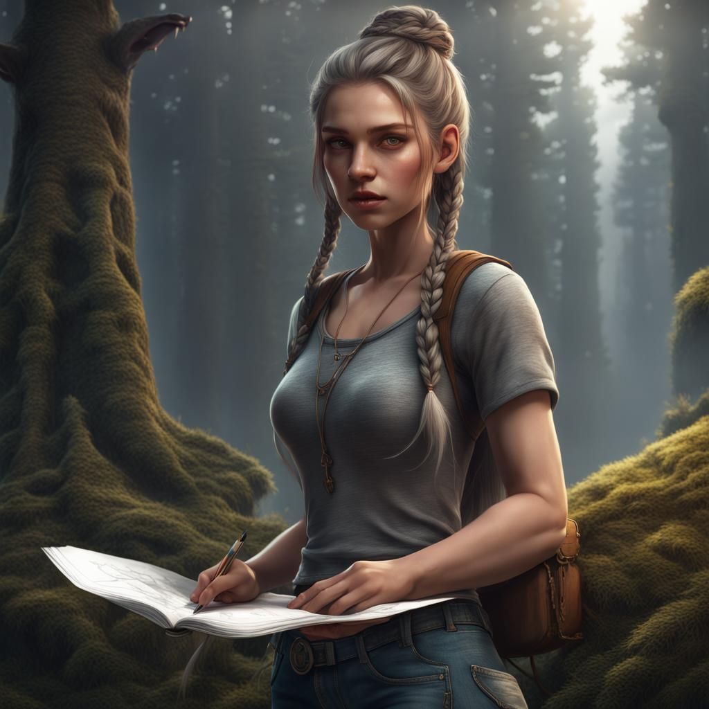 Girl Sketching on Wolfback in Mythical Forest