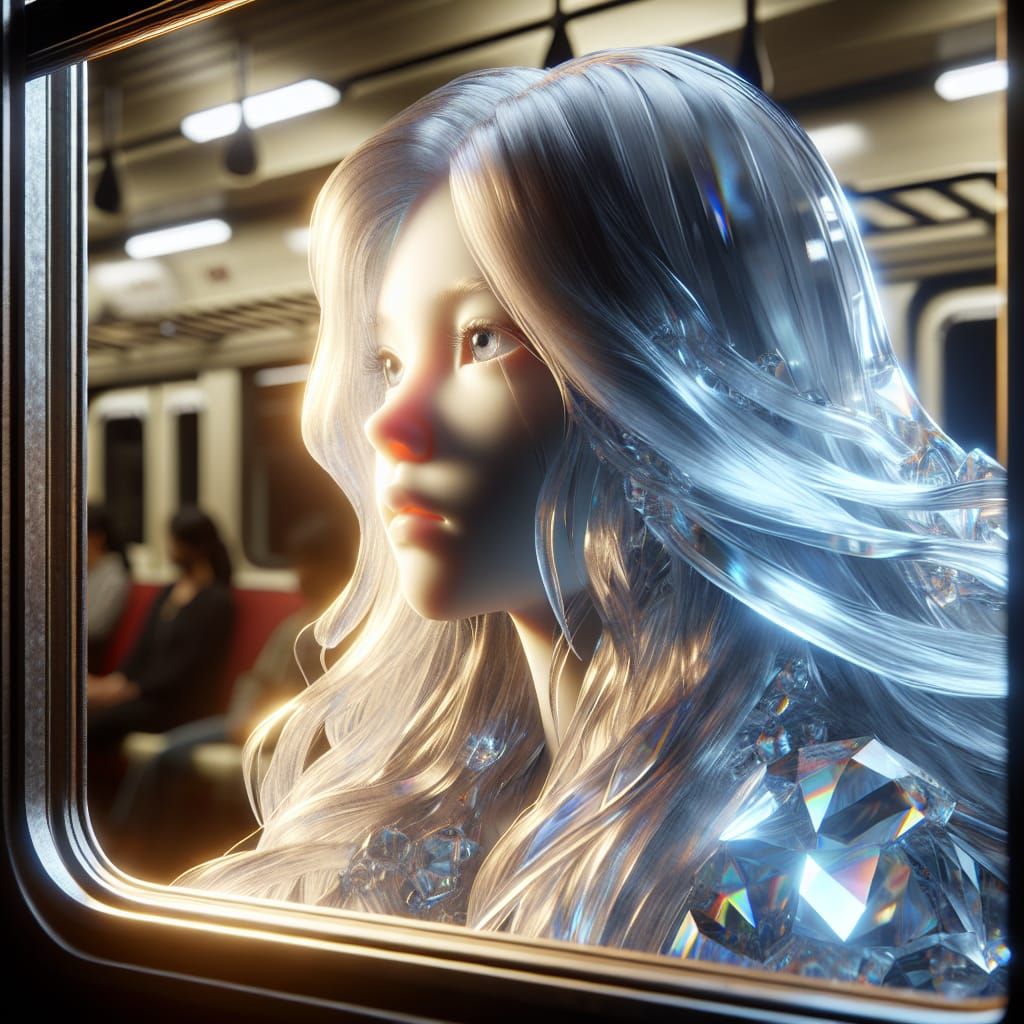 Crystalline Girl Gazing from Train Window: 8K Concept Art