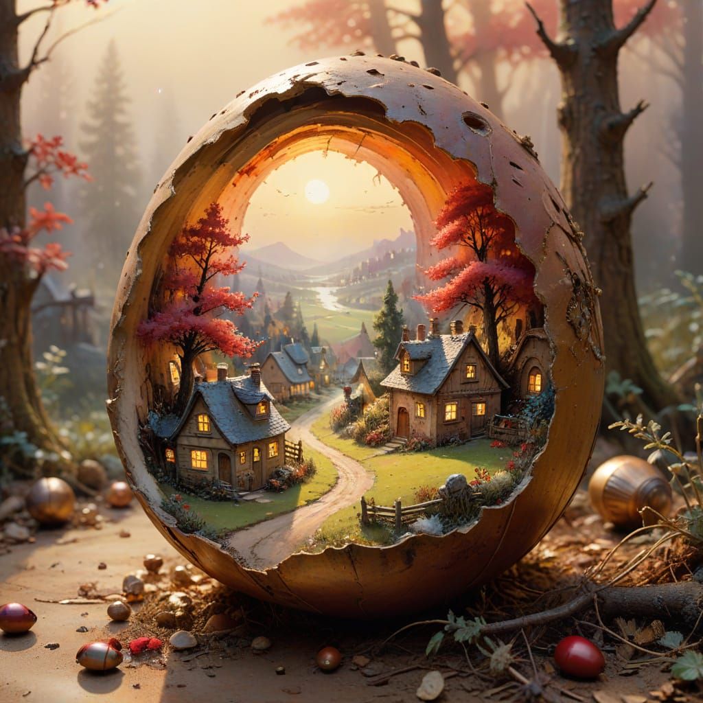 Miniature Village Inside Acorn in Expressionist Style