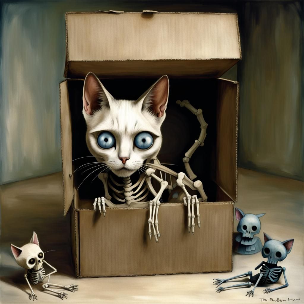 Schroedinger's cat in a box , half live half skeleton dead ,brian froud, tim burton