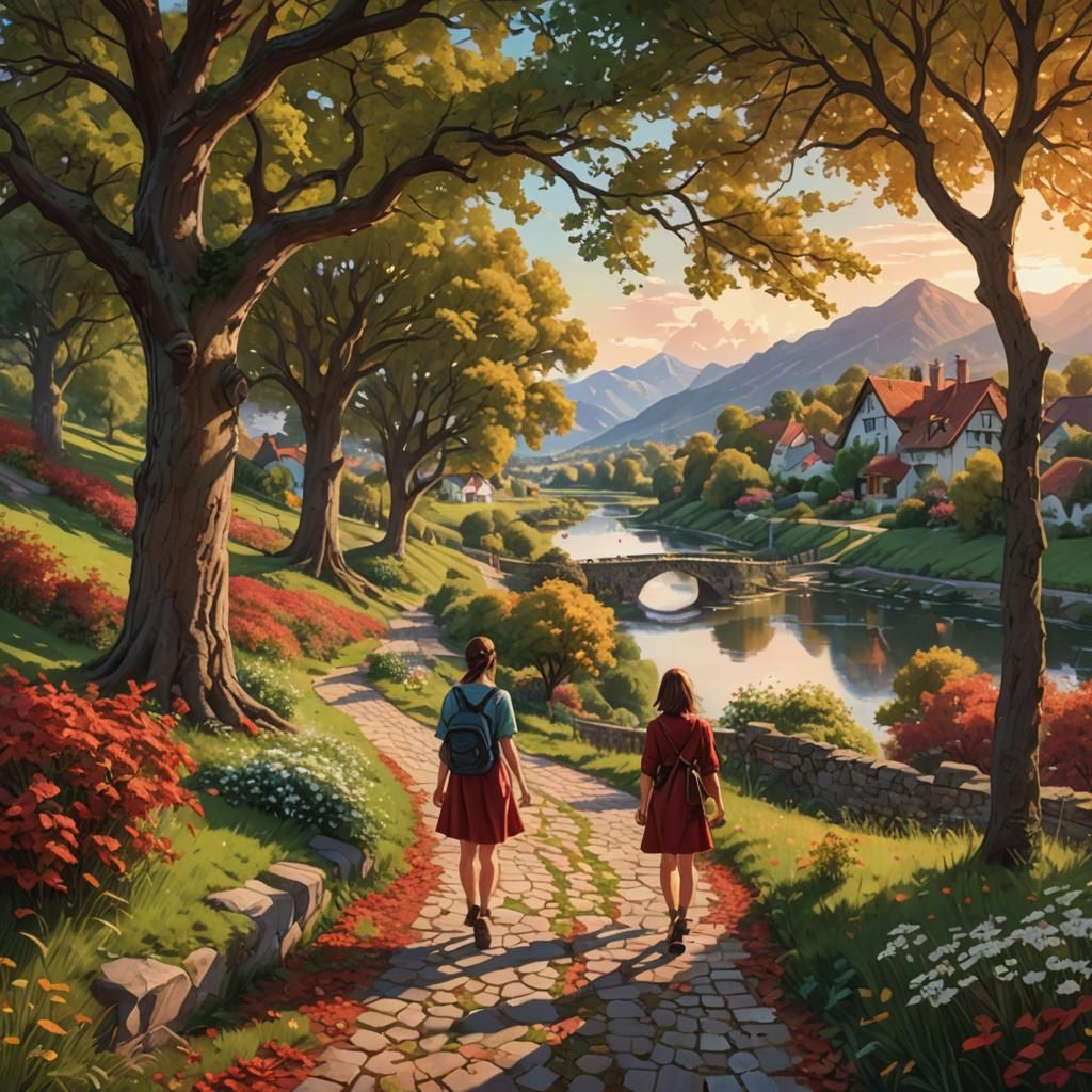 Autumn Riverside Path with Distant Village