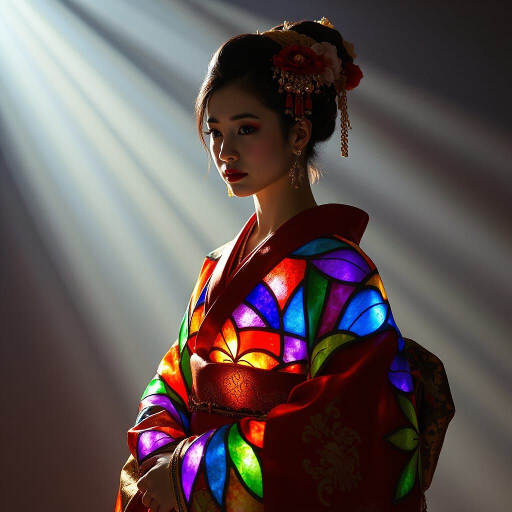 Geisha in Stained Glass Kimono with Ethereal Glow