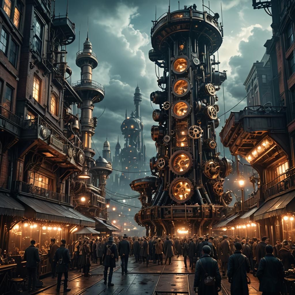 Steampunk Sci-Fi Tower with Alien Crowds