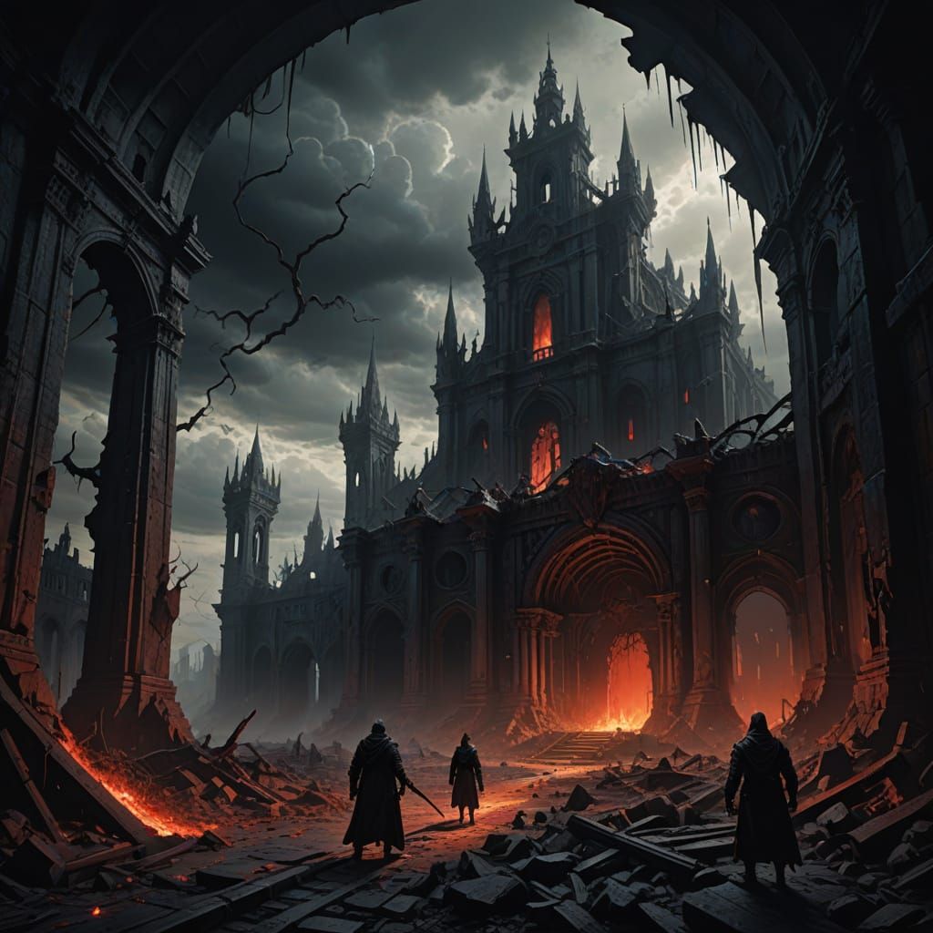 Desolate Landscape Under Swirling Sky with Colossal Figures