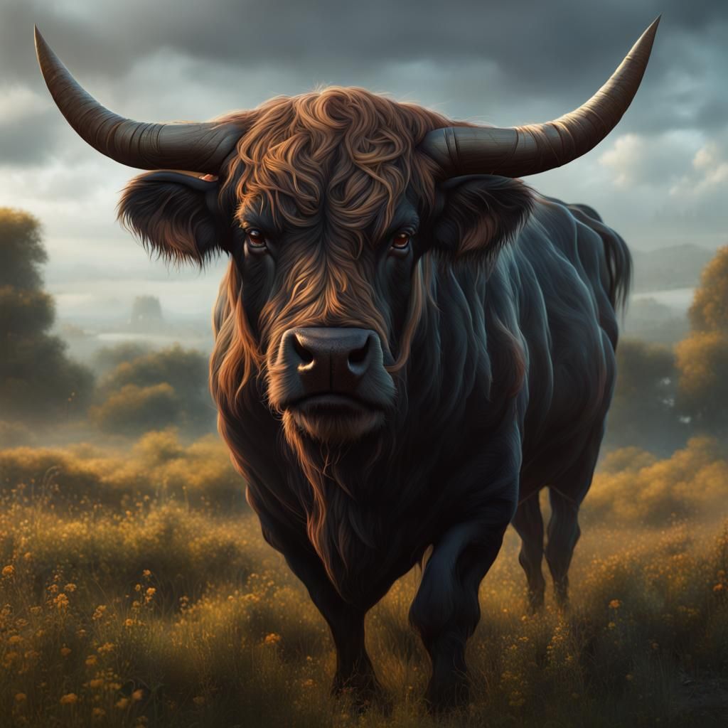 Angus Bull in Field: Detailed Matte Painting