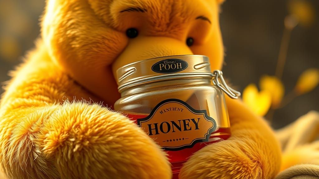 Winnie the Pooh Tenderly Holds Antique Honey Jar
