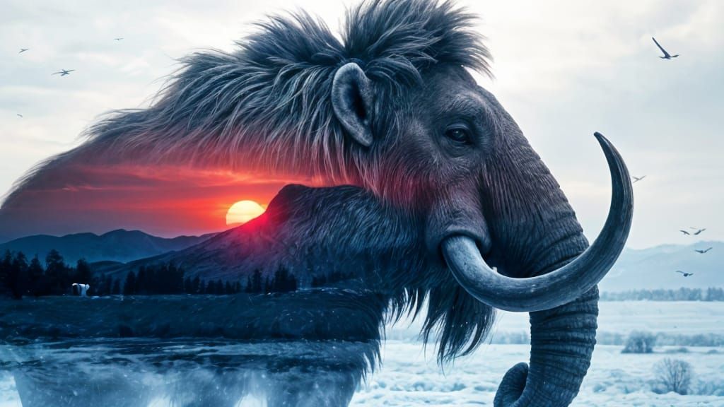 Mammoth and Snowy Landscape in Double Exposure Art